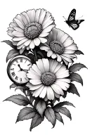 two aster flowers, two carnation flowers, 2 time clocks, butterflies fluttering tattoo design idea