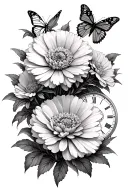 two aster flowers, two carnation flowers, 2 time clocks, butterflies fluttering tattoo design idea