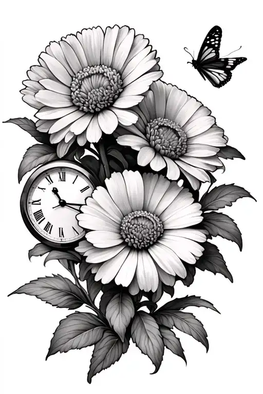 two aster flowers, two carnation flowers, 2 time clocks, butterflies fluttering tattoo design idea