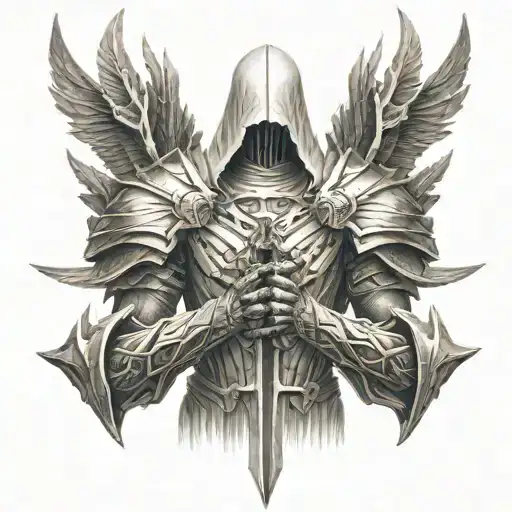 Tyrael From Diablo 2, Standing, Head Facing Down, Holding A Sword With Both Hands tattoo design idea