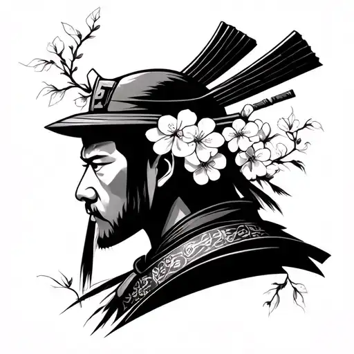 3/4 view samurai head surrounded by cherry blossoms and wind bars tattoo design idea
