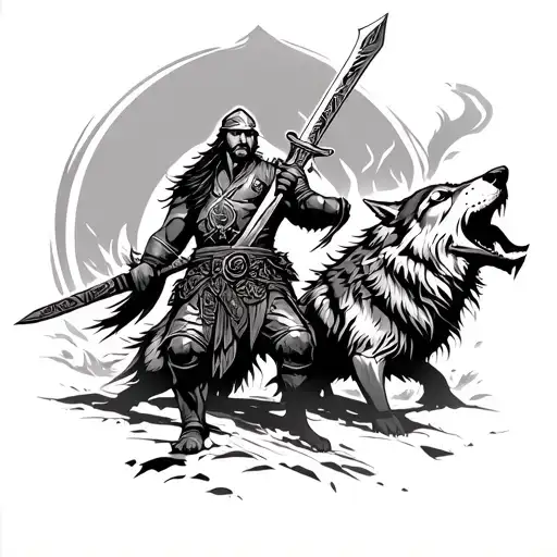 Turkish warrior with sword and wolfs howling tattoo design idea