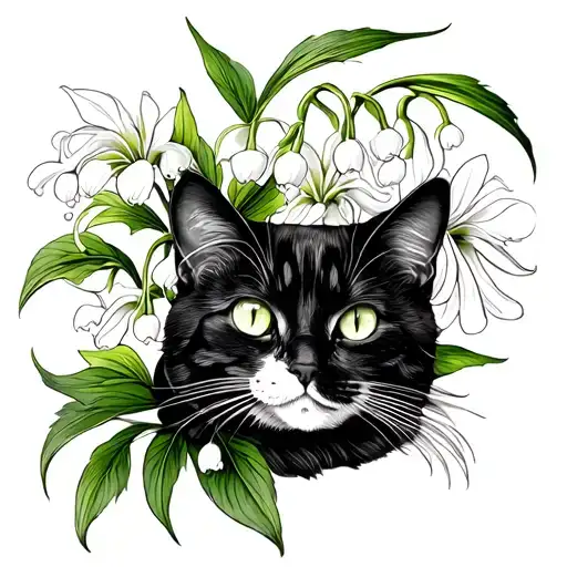Lily of the valley flower with cat tattoo design idea