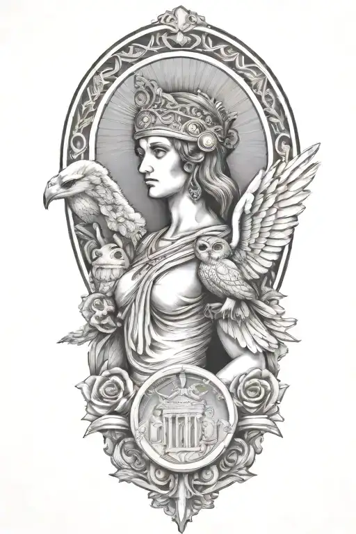 athena greek goddess with owl and parthenon tattoo design idea