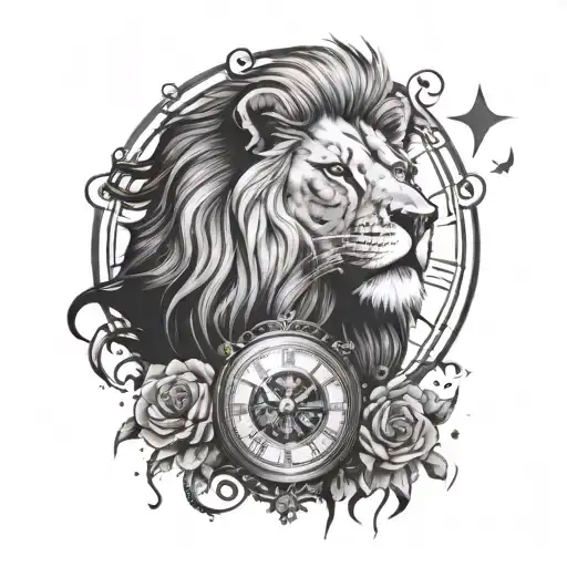 lion with a clock surrounded by stars   tattoo design idea