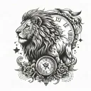 lion with a clock surrounded by stars   tattoo design idea