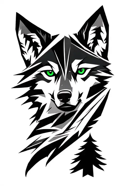 wolfhead, green eyes, pinetrees merges in tattoo design idea