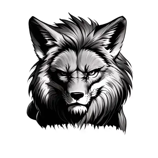 angry lion sitting behind fox tattoo design idea