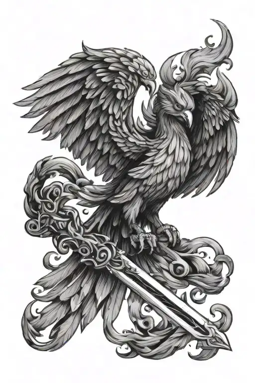 phoenix with a sword and blue fire tattoo design idea