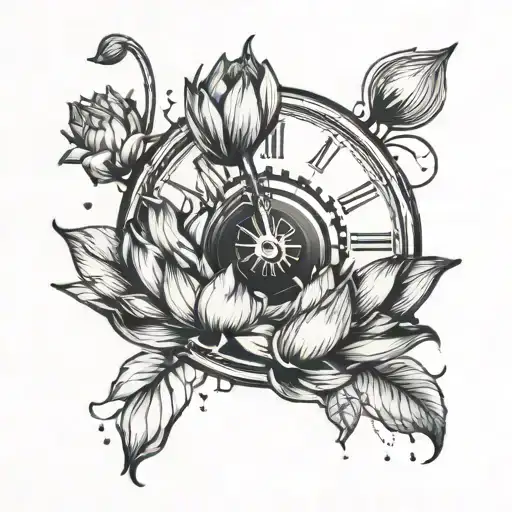 clock melting with lotus flower blooming tattoo design idea