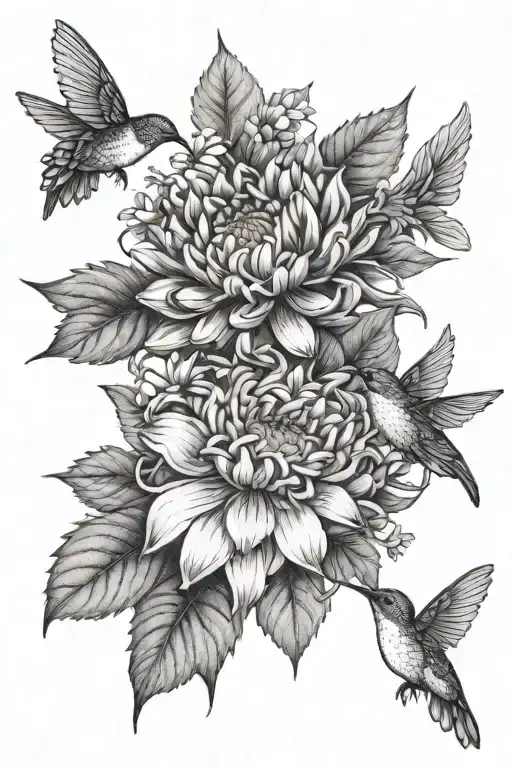 chrysanthemum flower with morning glories flower and asters flower connected with leaves. with humming birds  tattoo design idea
