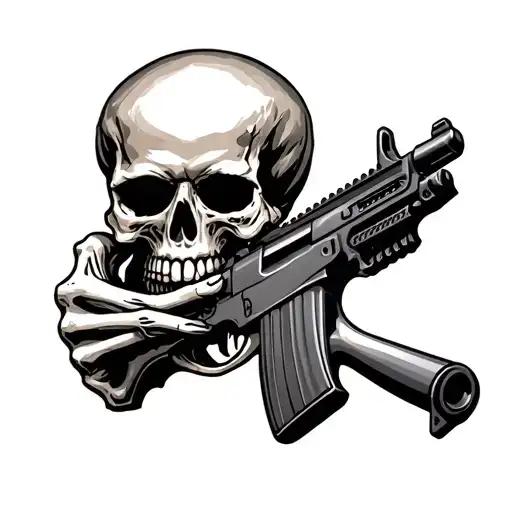 skull with bone hand aiming ak47 nude tattoo design idea
