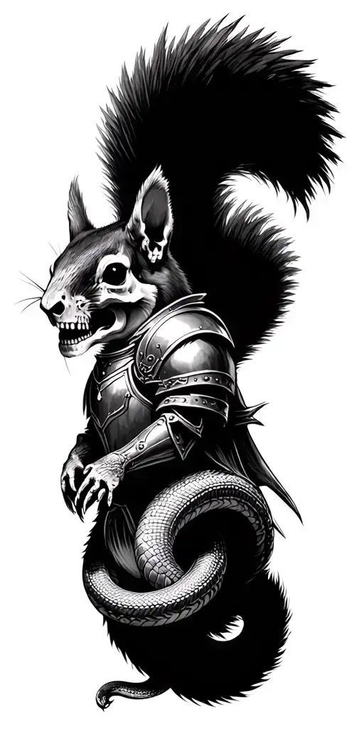 Castle ruins, squirrel wearing armour, other woodland creatures, background skulls, and snakes.  tattoo design idea