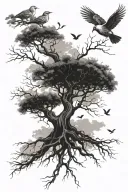 tree branches roots birds flying away tattoo design idea
