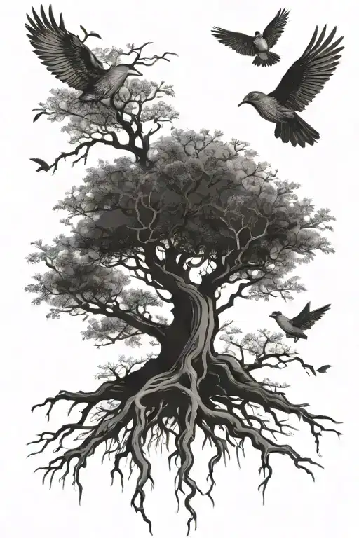 tree branches roots birds flying away tattoo design idea