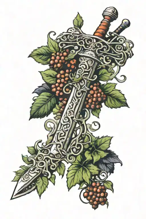 biblical sword with vine/branches wrapped around it with some fruit. detail but minimalistic with some colour for vine tattoo design idea