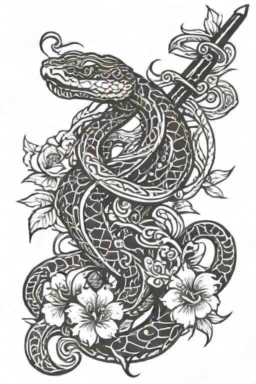 snake with sword and flowers tattoo design idea