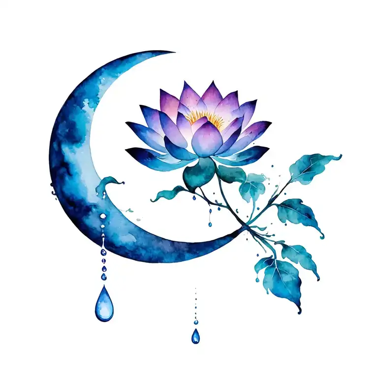 "Splender Animi in Vultu Floret" crescent, lotus, drop tattoo design idea