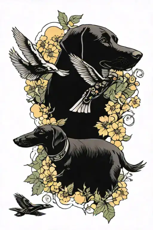 jets flying over flower field with black lab tattoo design idea
