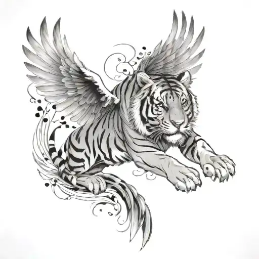 A majestic tiger with wings soaring through a sky filled with musical notes tattoo design idea