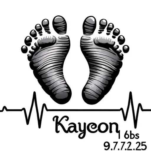 heartbeat with the name Kayceon 6 lbs 1.9 oz and date 9/7/25 with baby footprints  tattoo design idea