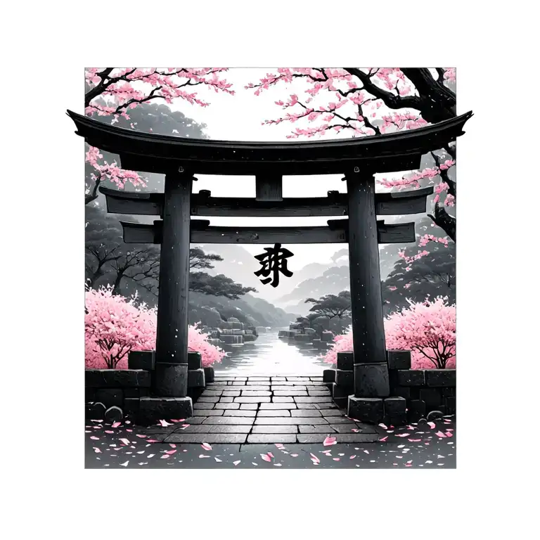 A small Japanese torii gate with cherry blossom petals floating gently around it. Minimalist black ink tattoo, calm and  tattoo design idea