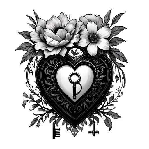 twin casket, heart, lock and key, dead flowers, blooming flowers, skulls tattoo design idea