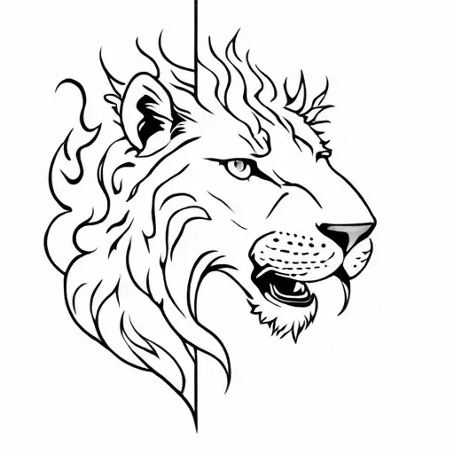 half a lion's face with fire and snake tattoo design idea