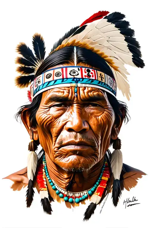 eve American Indian man (Hala y) with wrinkles and on his face symbols of their cultures tattoo design idea