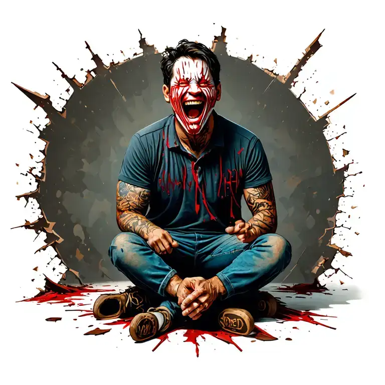 man sitting on broken thrown with laugh now cry later mask tattoo design idea