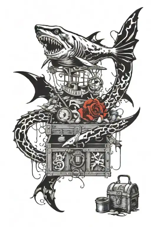 kraken guarding a treasure chest with shark swimming around  tattoo design idea