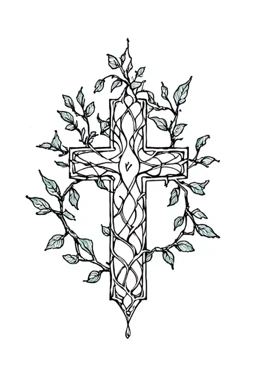 dainty cross made out if vines and branches corse tattoo design idea