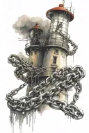 lighthouse, close up chains at the front view, subtle rainbow at the top back tattoo design idea