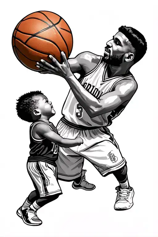 Create tatto 33 years old dad playing basketball with little son tattoo design idea