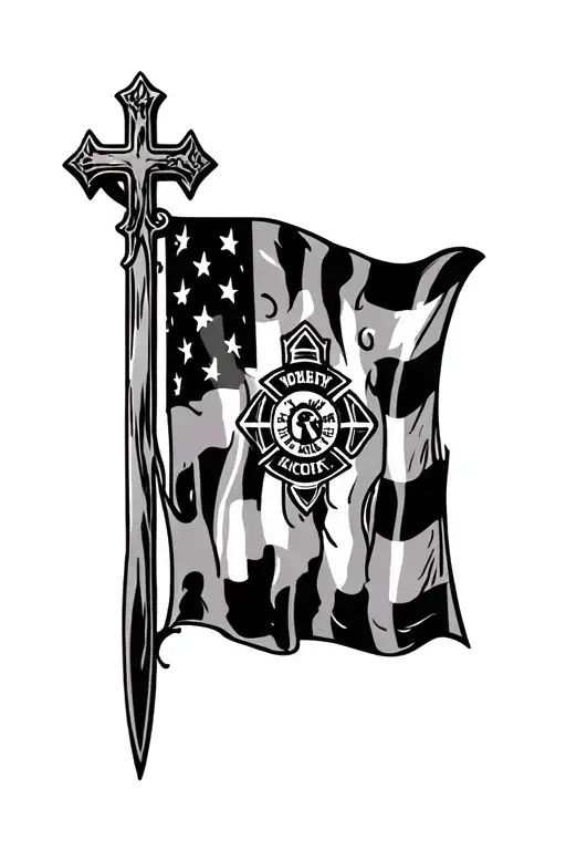 cross with firefighter flag inside tattoo design idea