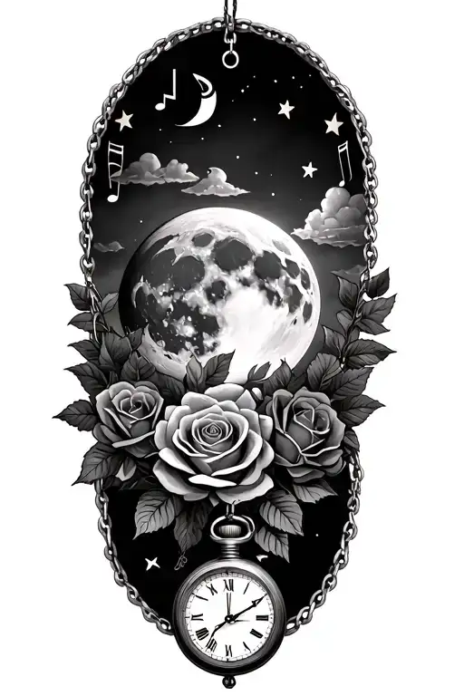 full moon with clouds roses gothic style rosary beads stars and music notes pocket watch  tattoo design idea