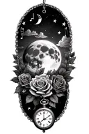 full moon with clouds roses gothic style rosary beads stars and music notes pocket watch  tattoo design idea