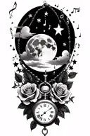 full moon with clouds roses gothic style rosary beads stars and music notes pocket watch  tattoo design idea