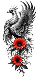 feminine phoenix rising wings spread long flowing tail feathers with sunflowers, lotus and red spider Lilly flower tattoo design idea