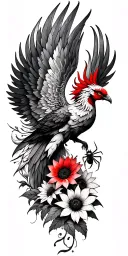 feminine phoenix rising wings spread long flowing tail feathers with sunflowers, lotus and red spider Lilly flower tattoo design idea