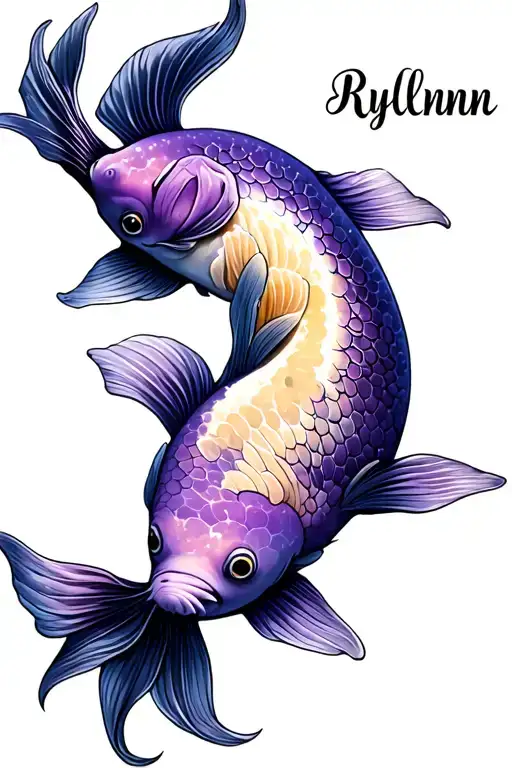 waxing gibbous Moon koi fish swimming around the Moon their spots are amethyst violets the name Rylynn in cursive tattoo design idea