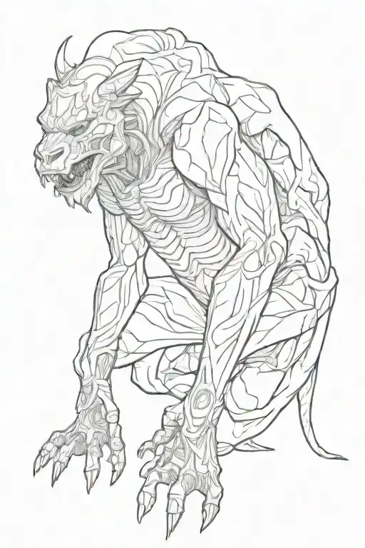 Humanoid beast squating on the ground eating its heart. The creature is primal and hunched over.  tattoo design idea