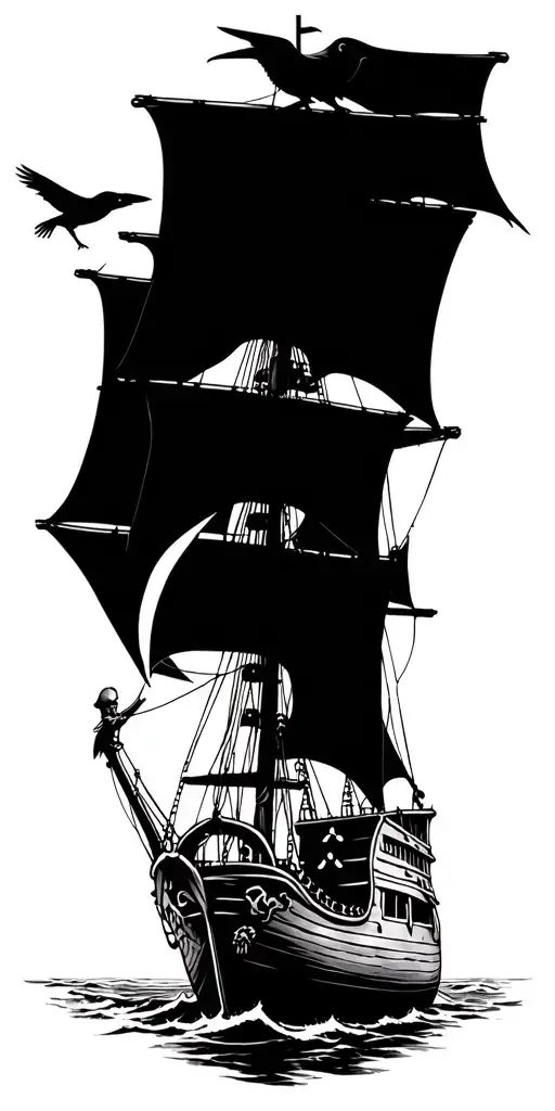 skeleton pirate ship, with a crow,florida elements such as a gator, and gadsden flag elements tattoo design idea