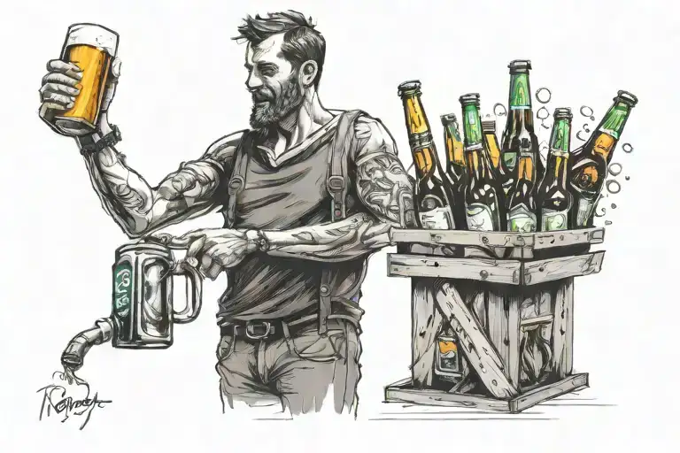 guy holding a crate of beer. underway to a bar. with a portophone. in a concert veneu tattoo design idea