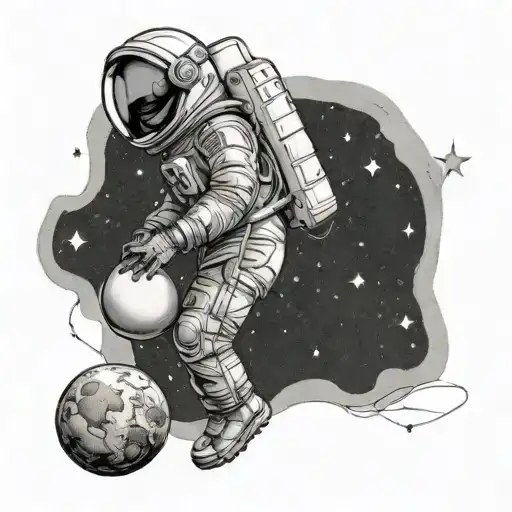 Weightless astronaut, standing and in profile, very realistic, holding a moon balloon. tattoo design idea