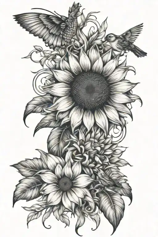 sunflower and birds of paradise and badass tattoo design idea