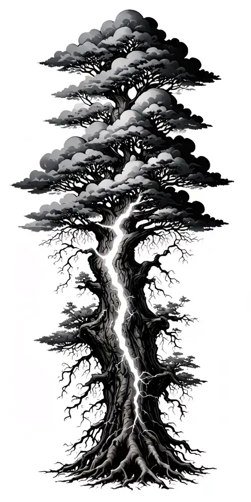 clouds with mini oden shoots down lighting bolt striking the tree of life, filling tree roots down through with lighting tattoo design idea