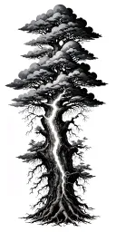 clouds with mini oden shoots down lighting bolt striking the tree of life, filling tree roots down through with lighting tattoo design idea