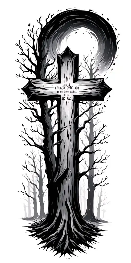 negative space paint stroke cross surrounded by dark forest job 12:7-10 bible verse tattoo design idea