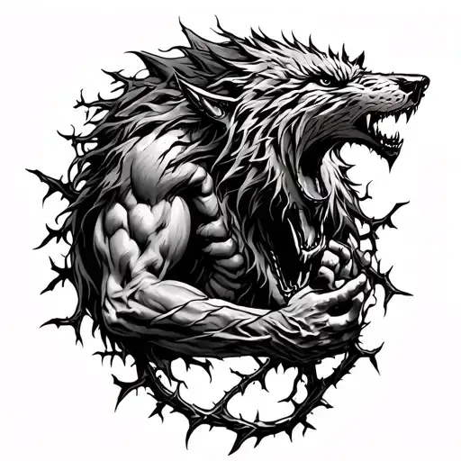  Tatto representing a constant battle with negative thoughts, with werewolves and thorn vines wraping down the arm tattoo design idea